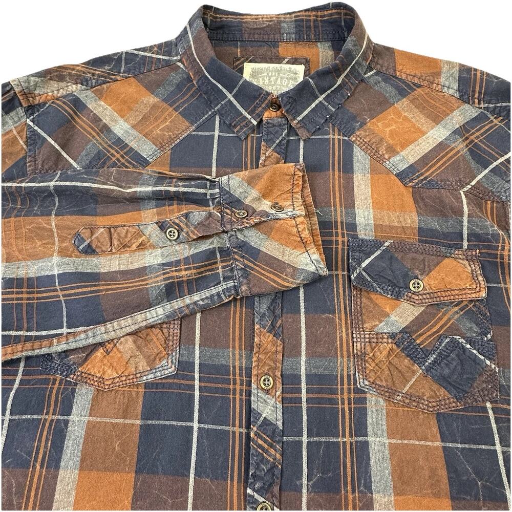 BKE Vintage 67 Men’s XL Athletic Fit Western Button Up Blue Orange Plaid EUC